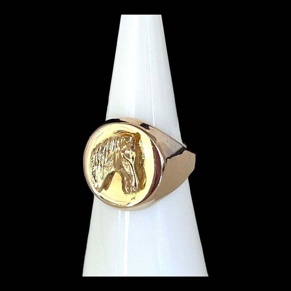 Vintage 1980s Horse Head Signet Ring Gold Tone Adjustable Equestrian - 2D - Picture 7 of 7
